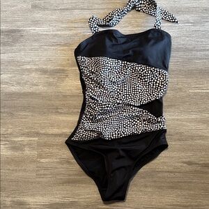 Polka Dot Black Womens One Piece tummy control Swimsuit size 8 Inches Off